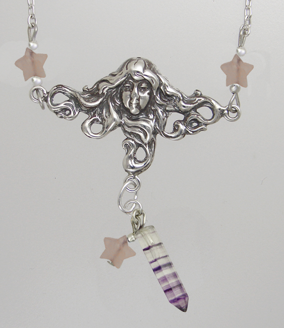 Sterling Silver Woman Maiden of the Morning Star Necklace With Fluorite And Rose Quartz Stars